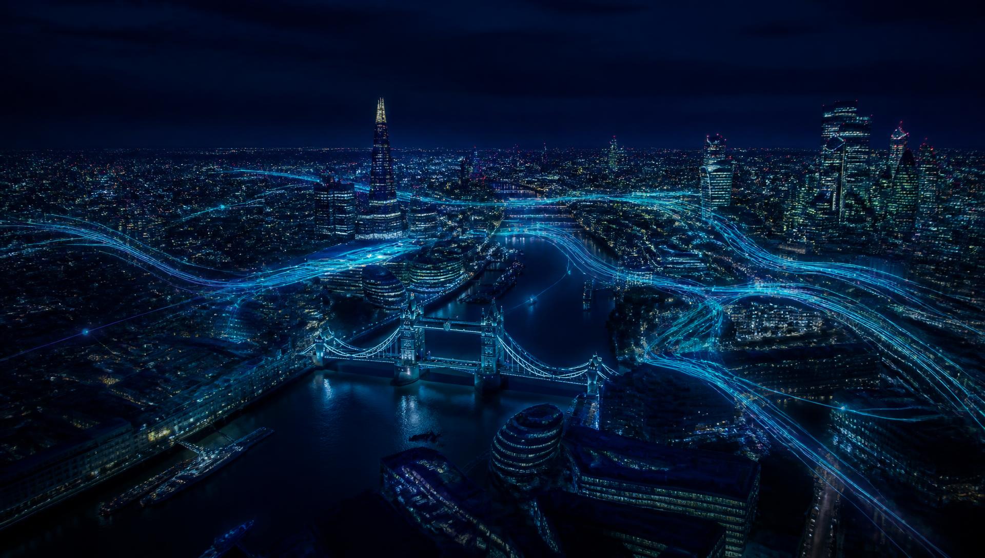Night-time London skyline overlaid with glowing network connections