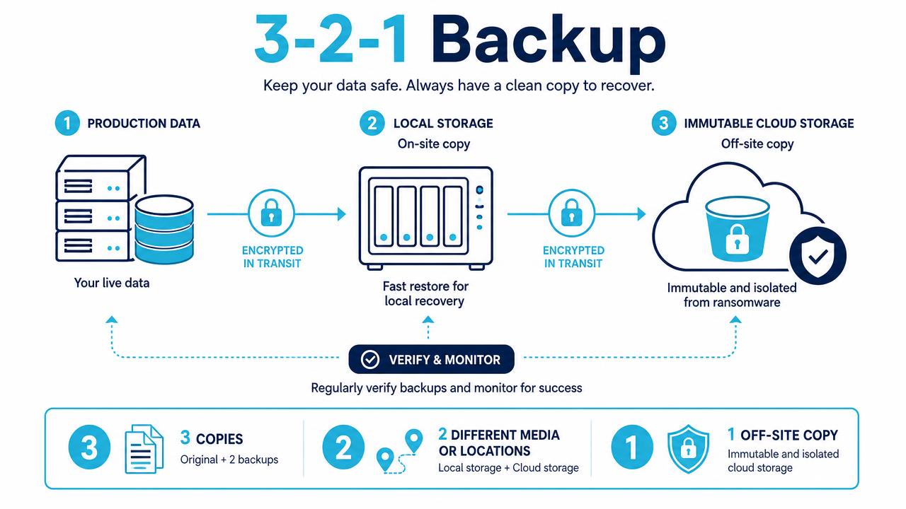 3-2-1 backup diagram with local storage and immutable cloud storage