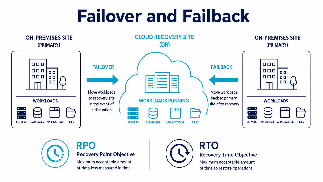 Failover and failback between on-premises site and cloud recovery site with RPO and RTO
