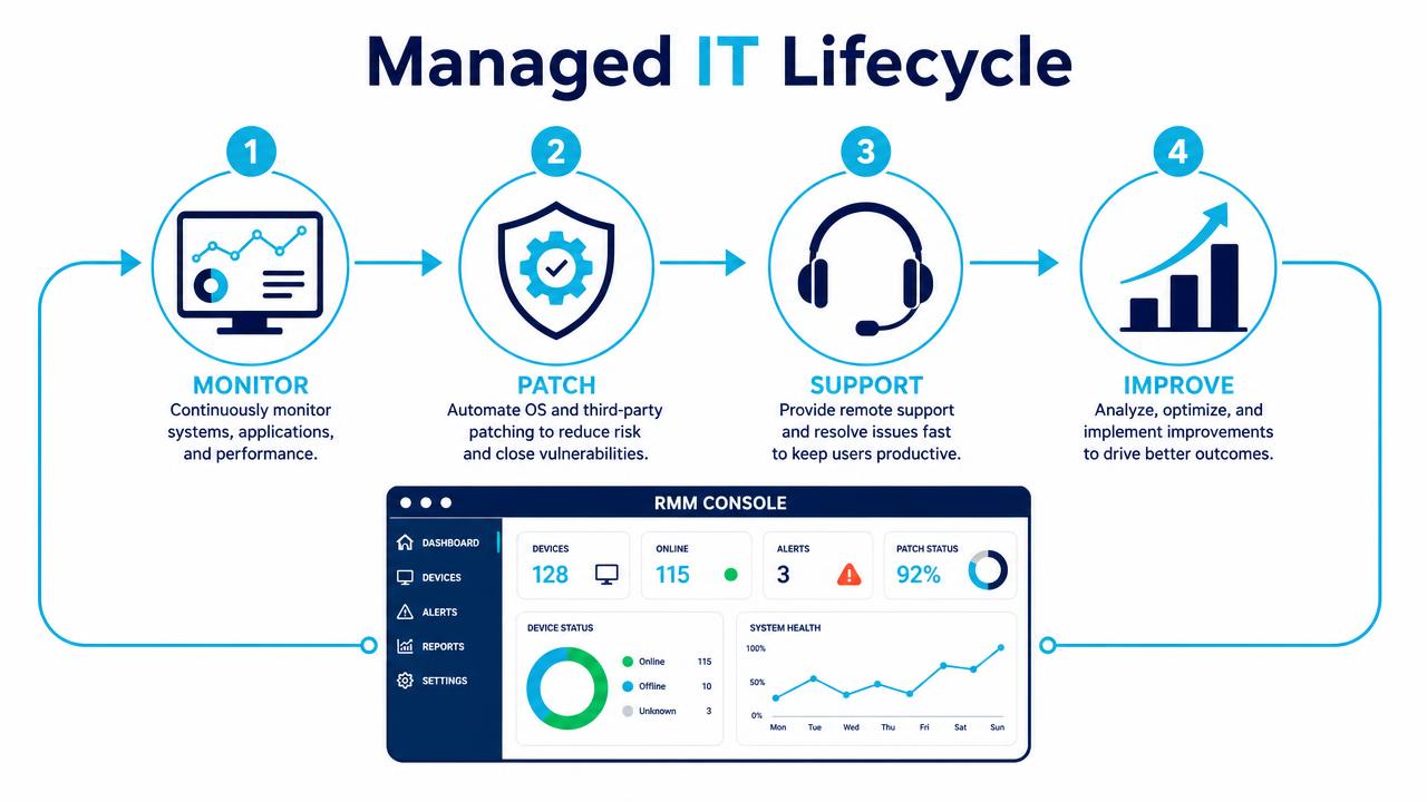 Managed IT lifecycle: monitor, patch, support and improve with an RMM console
