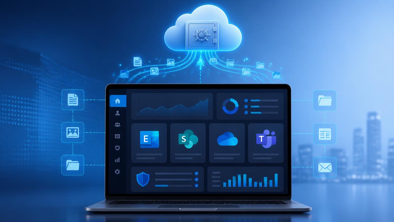 Microsoft 365 admin portal with Exchange, SharePoint, OneDrive and Teams protected by cloud backup