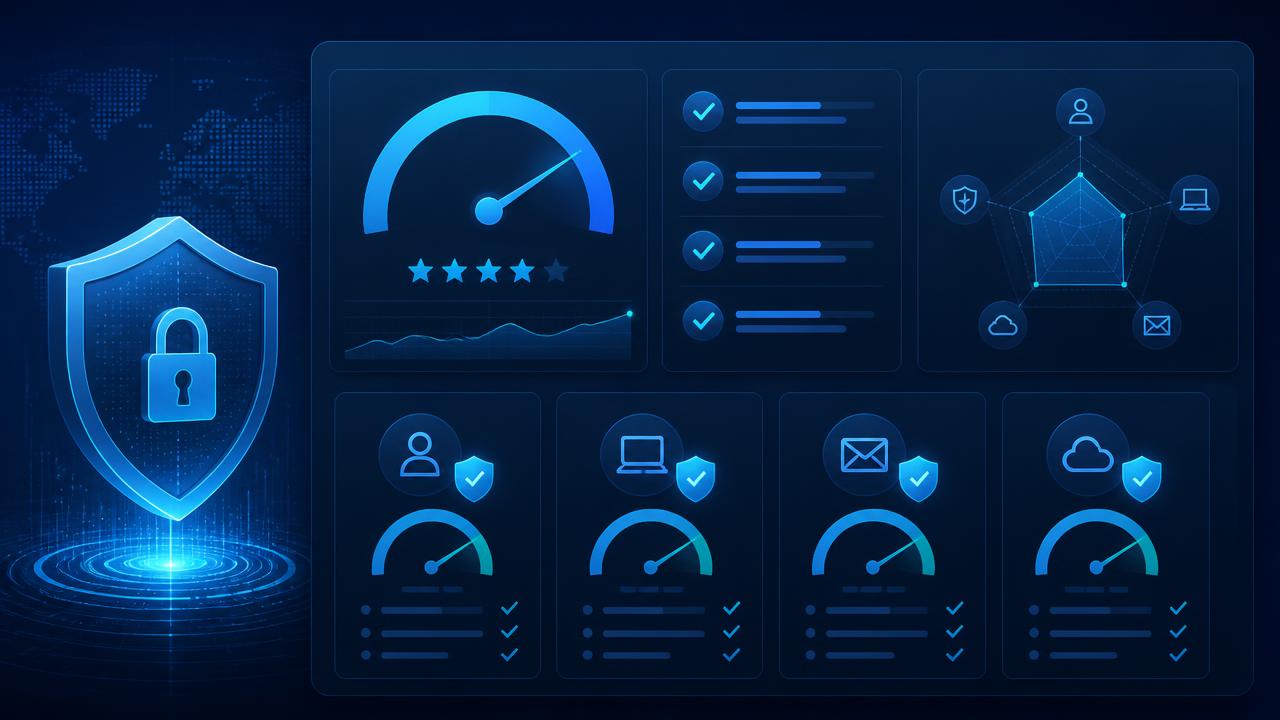 Microsoft 365 security posture scorecard covering identity, devices, email and cloud apps